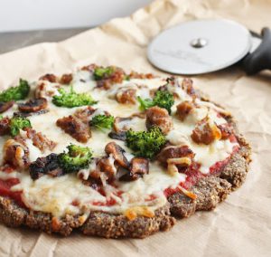 from I Breathe, I'm Hungry | Flax Pizza with broccoli and sausage